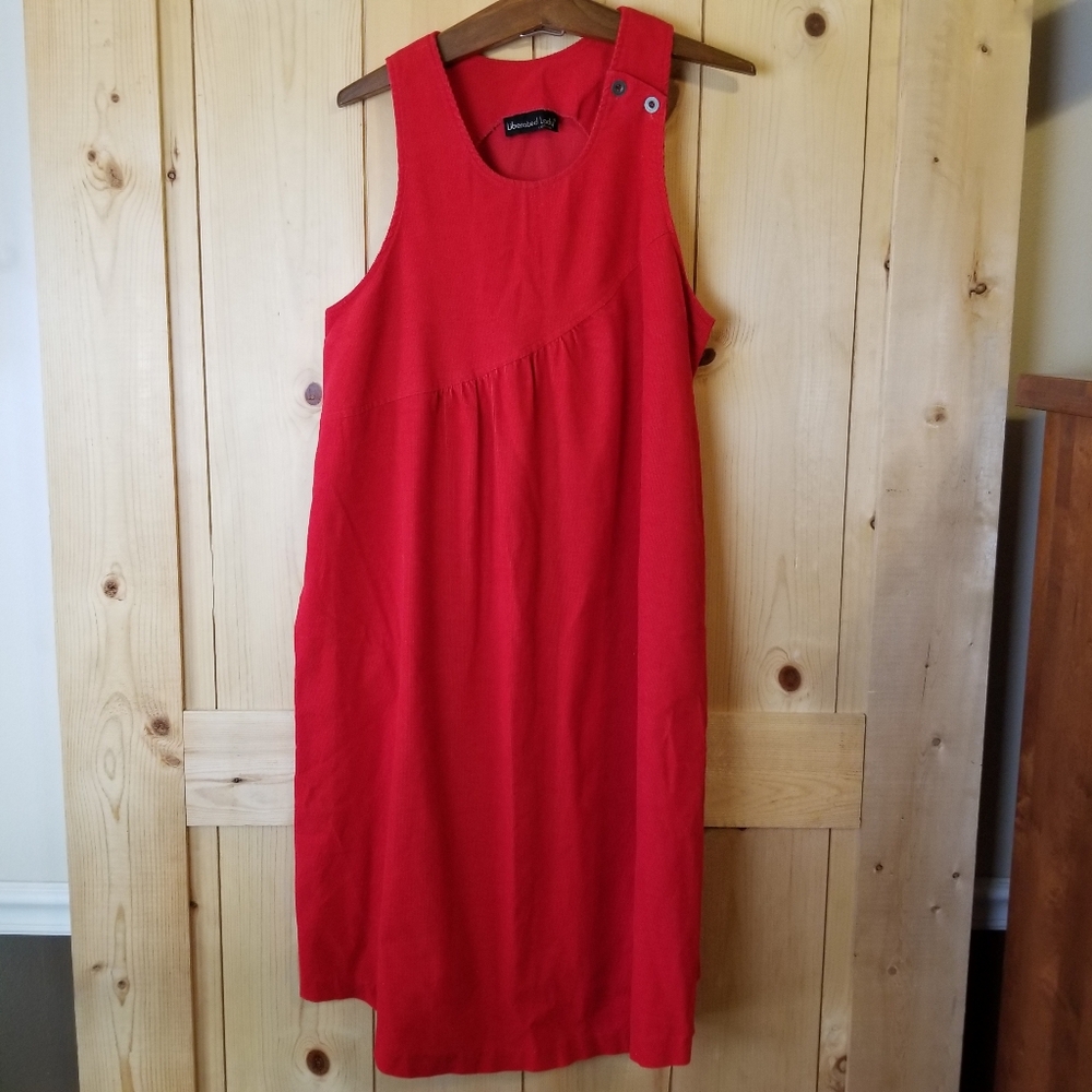 Vintage Liberated Lady Red Corduroy Pocketed Jumper Dress